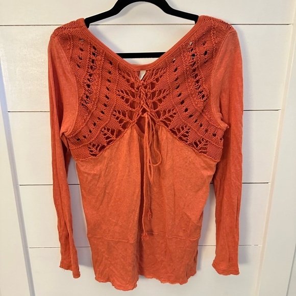 FREE PEOPLE Woman Crochet back bohemian shabby chic cotton long sleeve tunic M - Picture 3 of 15